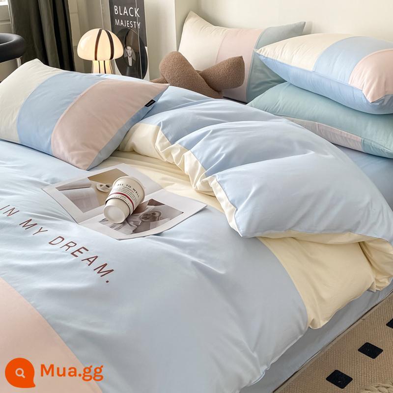 Bộ 4 món chăn ga gối cotton nguyên chất 100 màu trơn cao cấp toàn bộ cotton màu trơn Bộ chăn ga gối đôi chiến đấu tấm ga trải giường được trang bị tấm 4 - Khối màu trắng xanh hồng