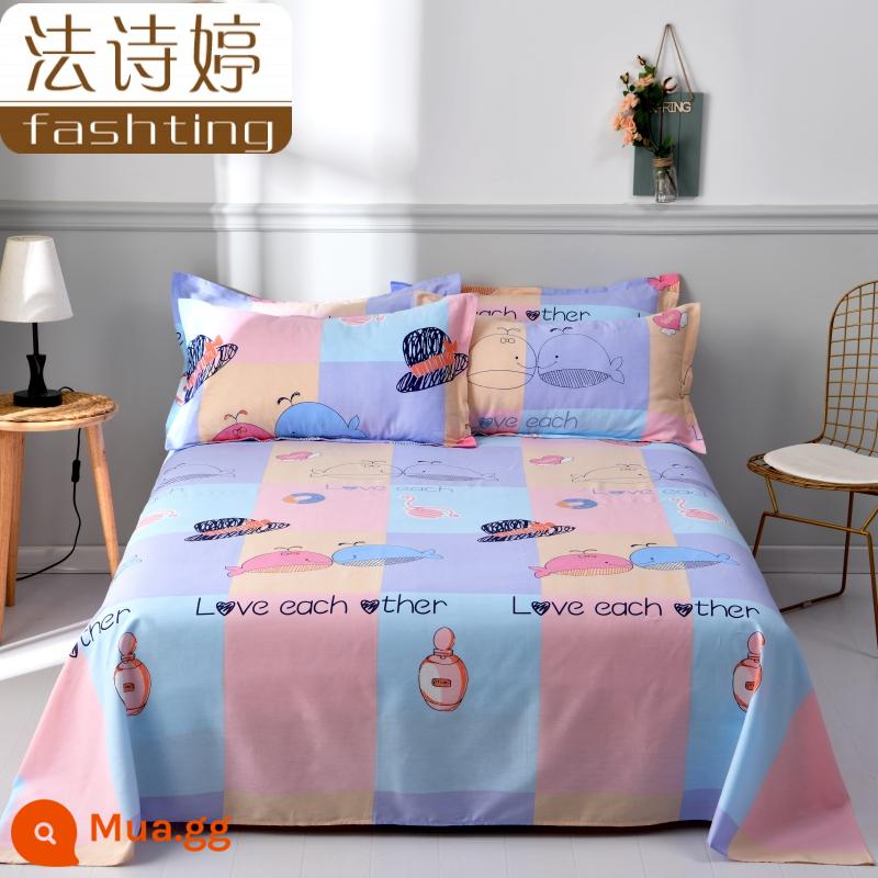 Ga trải giường cotton dày tấm đơn 100 cotton tấm vải thô cũ 1 mét 51,8m học sinh đơn 1,2 bộ ba mảnh - tình yêu cá heo