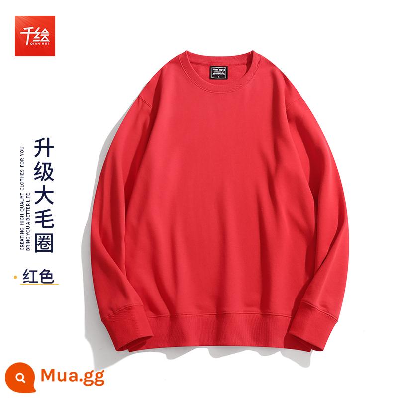 Cổ tròn cotton dày T in logo theo yêu cầu cộng với nhung dài tay nam nữ cùng phong cách đội văn hóa công ty áo sơ mi công sở quần áo mùa thu đông - Phần mỏng cổ tròn màu đỏ