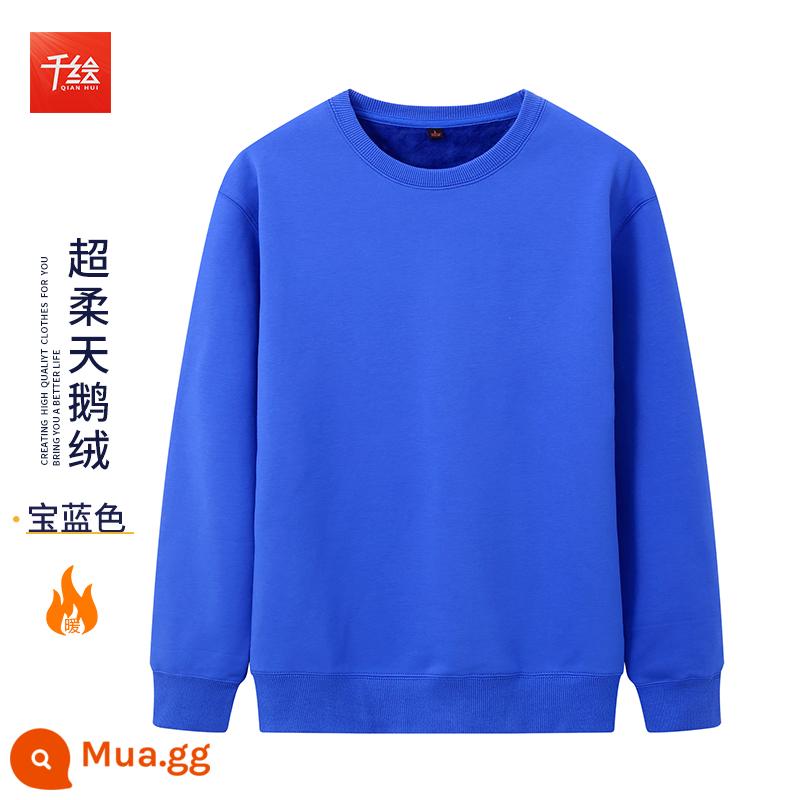 Cổ tròn cotton dày T in logo theo yêu cầu cộng với nhung dài tay nam nữ cùng phong cách đội văn hóa công ty áo sơ mi công sở quần áo mùa thu đông - Cổ tròn màu xanh sapphire cộng với nhung