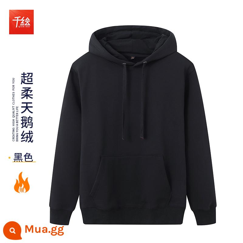 Hoodie tùy chỉnh in LOGO thêu cộng nhung cao cấp dụng cụ cặp đôi lớp đồng phục áo khoác mùa thu đông quần áo làm việc - Lông cừu siêu mềm có mũ trùm đầu màu đen