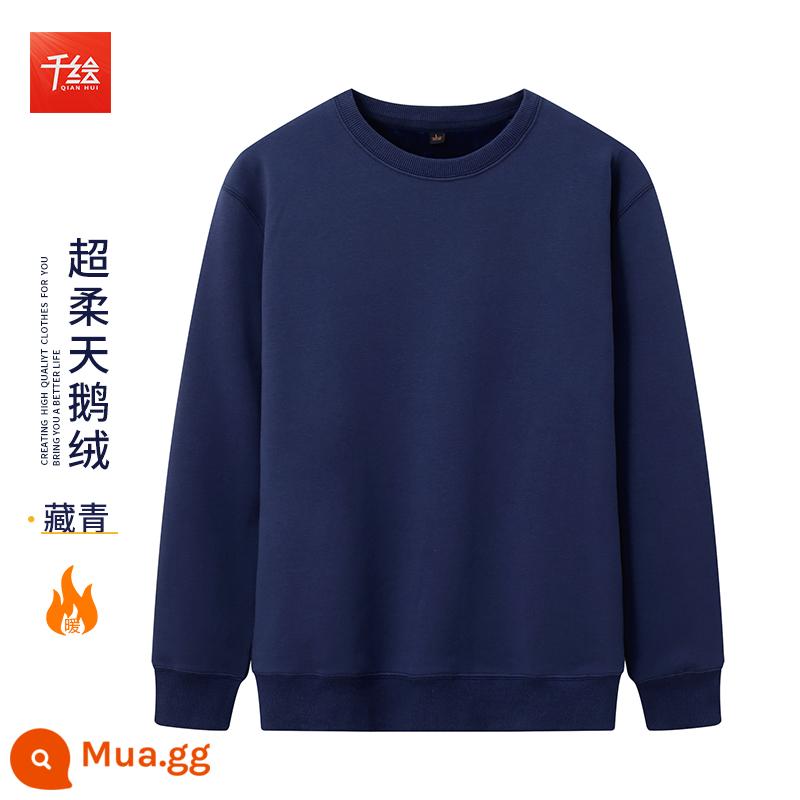 Cổ tròn cotton dày T in logo theo yêu cầu cộng với nhung dài tay nam nữ cùng phong cách đội văn hóa công ty áo sơ mi công sở quần áo mùa thu đông - Cổ tròn màu xanh hải quân cộng với nhung