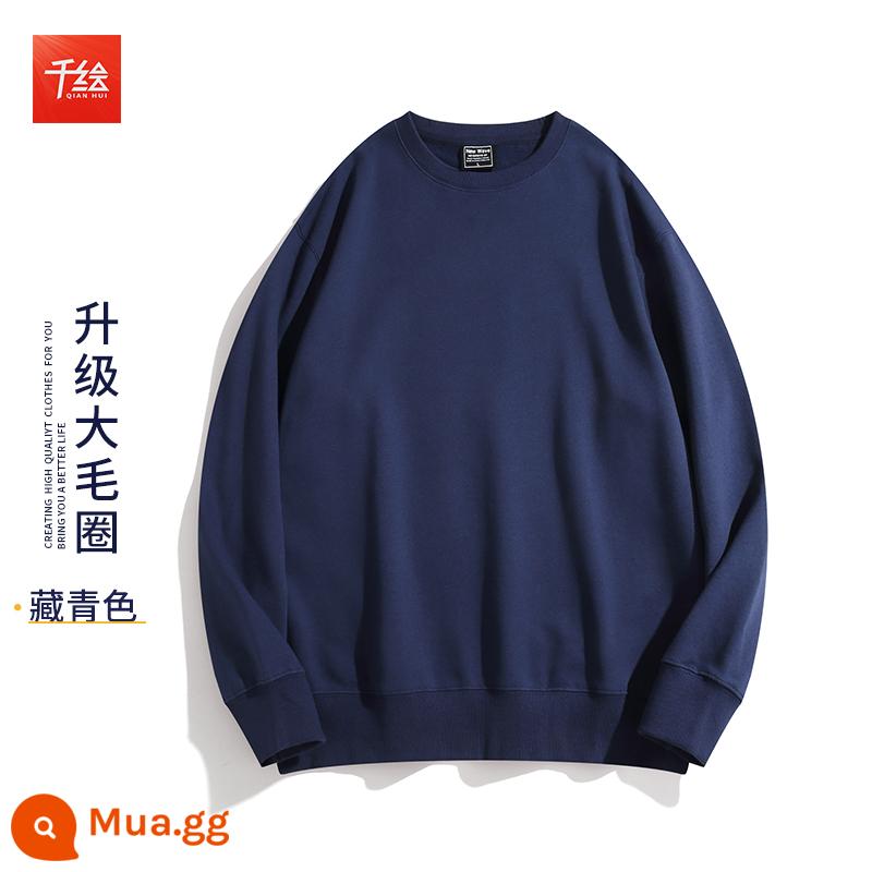 Cổ tròn cotton dày T in logo theo yêu cầu cộng với nhung dài tay nam nữ cùng phong cách đội văn hóa công ty áo sơ mi công sở quần áo mùa thu đông - Phần mỏng cổ tròn màu xanh hải quân