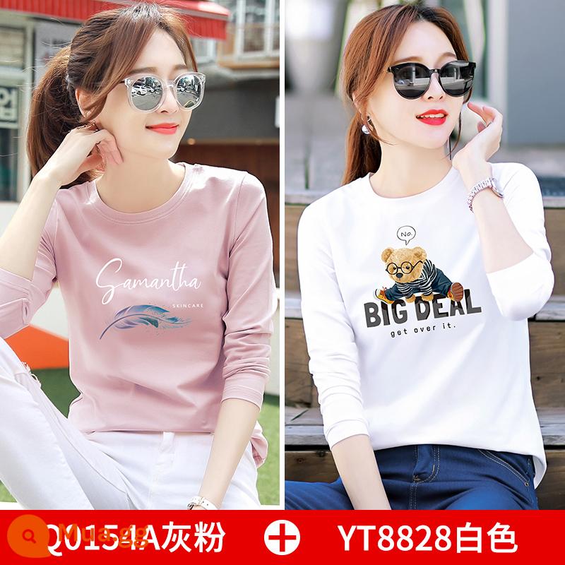 2 cái] áo thun dài tay bằng cotton nguyên chất quần áo mùa xuân của phụ nữ 2023 mới có đáy rộng áo sơ mi nữ quần áo đầu xuân - Bột màu xám Q0154A + YT8828 màu trắng