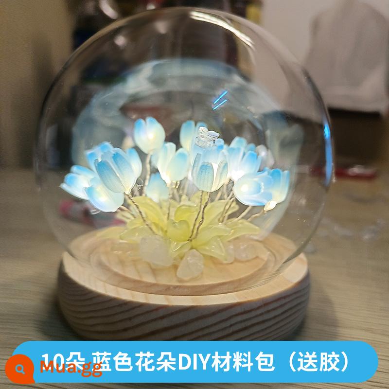 Đèn ngủ hoa tulip khung ảnh handmade tự làm chất liệu hoa vĩnh cửu trang trí cho bạn gái quà tặng sinh nhật bạn gái - Chân đèn [10 bông hoa] màu xanh