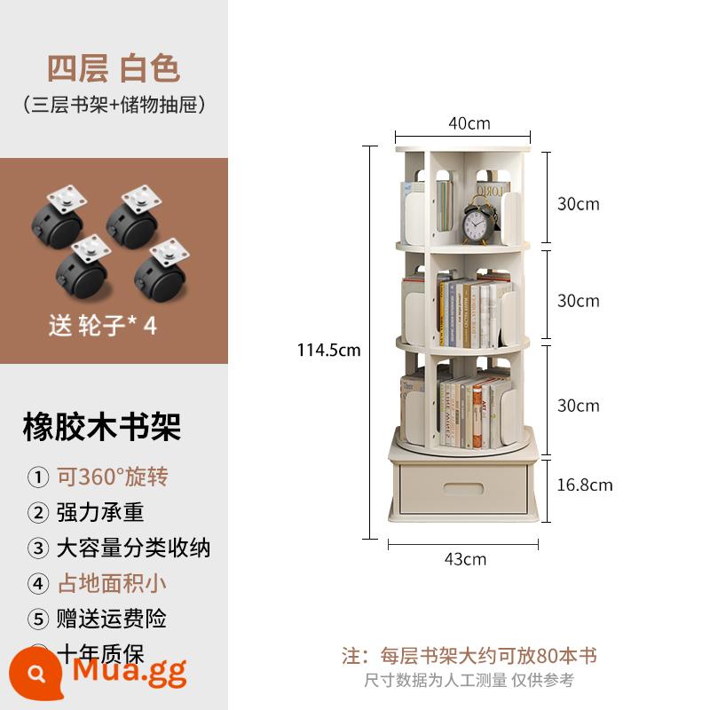 Người nổi tiếng trên Internet kệ sách xoay 360 độ tủ sách gia đình dành cho trẻ em phòng khách tất cả kệ sàn gỗ chắc chắn có thể di chuyển - [Tất cả gỗ nguyên khối dày và mở rộng, di động] Xoay bốn lớp tròn màu trắng