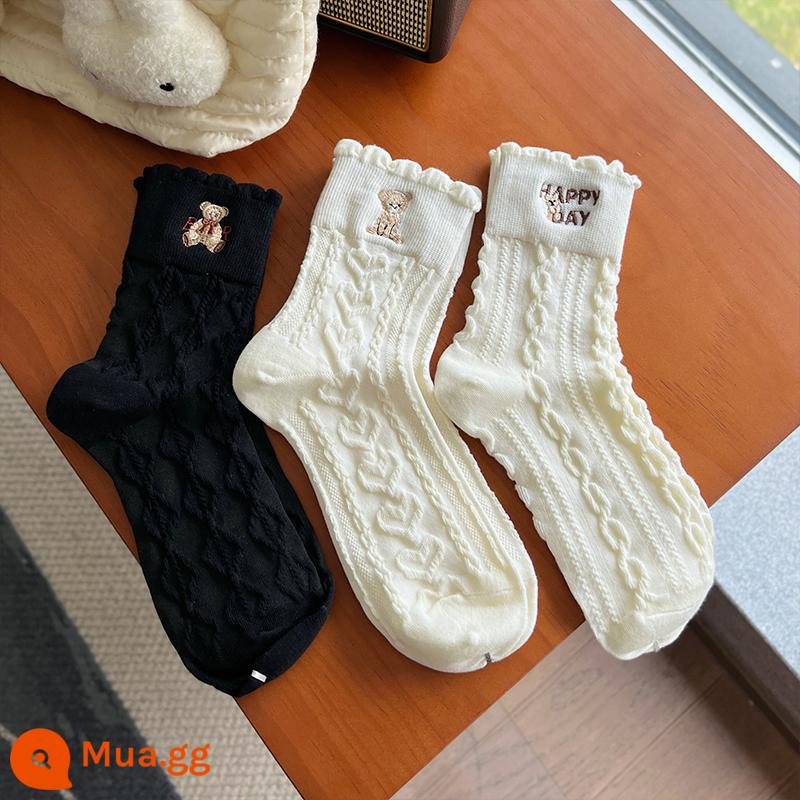 Tất Trắng Nữ Xuân Thu Cotton Nguyên Chất Đến Giữa Bắp Chân Dễ Thương Phong Cách Nhật Bản Giày Da Nhỏ Hợp Thời Trang Tất Dài Học Sinh Mùa Hè Mỏng - Chữ đen + đầu nghiêng màu trắng + chữ trắng