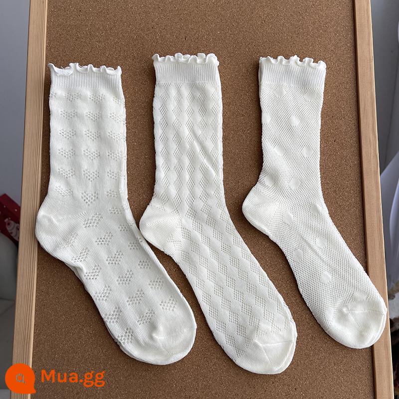 Tất Trắng Nữ Xuân Thu Cotton Nguyên Chất Đến Giữa Bắp Chân Dễ Thương Phong Cách Nhật Bản Giày Da Nhỏ Hợp Thời Trang Tất Dài Học Sinh Mùa Hè Mỏng - Lưới tình yêu + hình thoi + dấu chấm