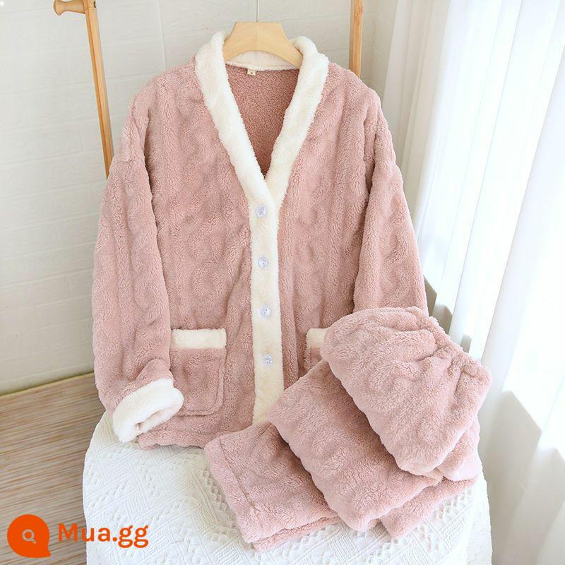 Bộ đồ ngủ lông cừu san hô phụ nữ có thể mặc flannel chất lượng cao mùa đông ấm áp mùa thu và mùa đông phù hợp với dịch vụ tại nhà - Phong cách nhung-5901 màu hồng