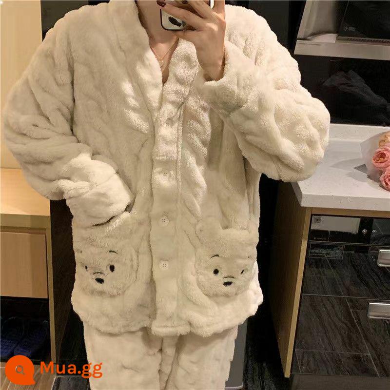 Bộ đồ ngủ lông cừu san hô phụ nữ có thể mặc flannel chất lượng cao mùa đông ấm áp mùa thu và mùa đông phù hợp với dịch vụ tại nhà - Phong cách nhung - mai mật gấu