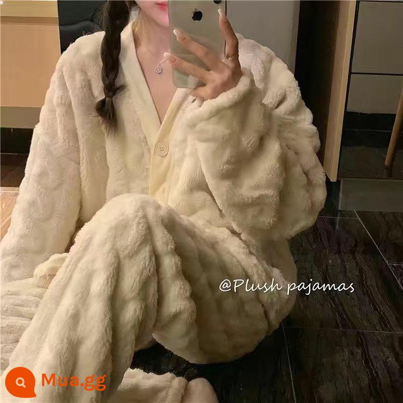 Bộ đồ ngủ lông cừu san hô phụ nữ có thể mặc flannel chất lượng cao mùa đông ấm áp mùa thu và mùa đông phù hợp với dịch vụ tại nhà - Phong cách cashmere-J300