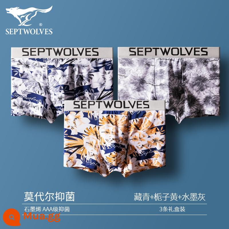 Septwolves Quần Lót Nam Bé Trai Quần Boxer Modal Băng Lụa Quần Short Liền Mạch Thoáng Khí Đầu Boxer Phong Cách Nam - Xanh hải quân + vàng dành dành + xám mực