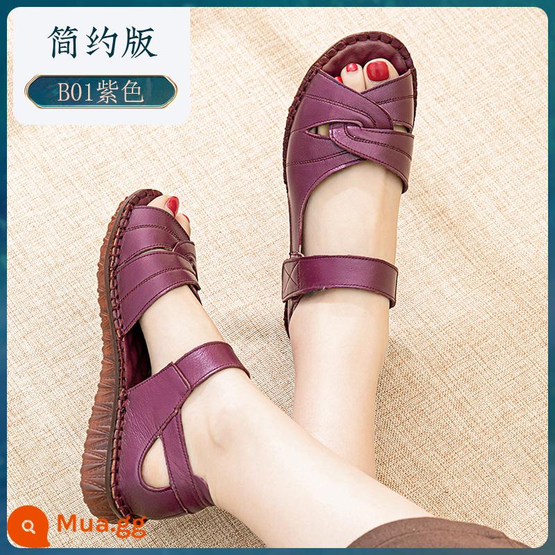 Giày sandal nữ cao tuổi chống trượt mùa hè da gân đáy thoải mái Giày sandal mẹ đế mềm giày da trung niên đế bằng - Phiên bản đơn giản của màu tím