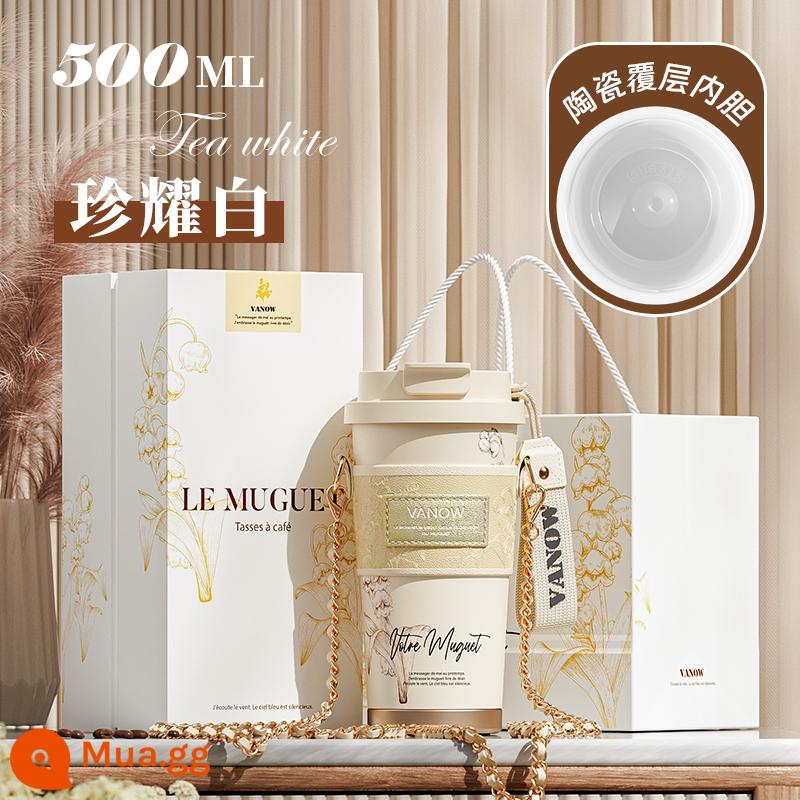 Vanow Lily Of The Valley Mới Cách Nhiệt Cà Phê Gốm Lót Bé Gái Cao Cấp Ống Hút Cốc Nước Quà Tặng Sinh Nhật - Hộp quà Zhenyao White 500ml (lót gốm + tay áo cốc tinh tế)