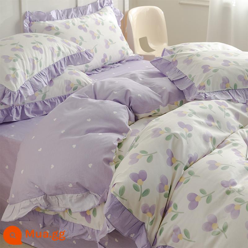 Bộ 4 món giường cotton nguyên chất tươi mát nhỏ 100 cotton ga trải giường phong cách công chúa Ren Hàn Quốc 3 mảnh vừa vặn ga chần bông 4 - YSH-Ren Tím Love [Ren Cotton Nguyên Chất]