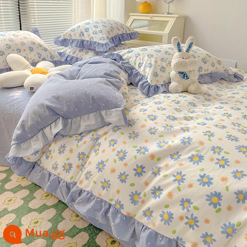 Bộ 4 món giường cotton nguyên chất tươi mát nhỏ 100 cotton ga trải giường phong cách công chúa Ren Hàn Quốc 3 mảnh vừa vặn ga chần bông 4 - YSH ren kiểu Qingya [ren kiểu cotton nguyên chất]