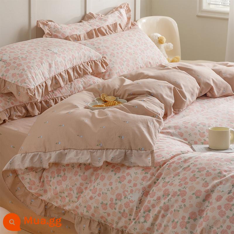 Bộ 4 món giường cotton nguyên chất tươi mát nhỏ 100 cotton ga trải giường phong cách công chúa Ren Hàn Quốc 3 mảnh vừa vặn ga chần bông 4 - YSH-Lace đáp ứng sự lãng mạn [Ren cotton nguyên chất]