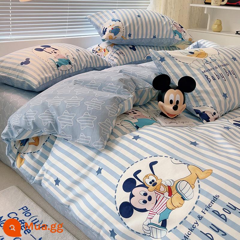 Disney Mickey Giường Cotton Bộ 4 Bộ 100 Cotton Bộ Đồ Giường Trẻ Em Bộ 3 Món Nam Vỏ Chăn Trang Bị tấm Tấm 4 - XSG Sọc Mickey Buddy