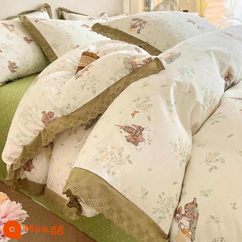 Giường cotton nguyên chất bộ bốn mảnh 100 cotton giường kiểu công chúa sản phẩm lưới ba mảnh màu đỏ bộ ga trải giường chăn hoa mục vụ bao gồm 4 - L hươu rừng