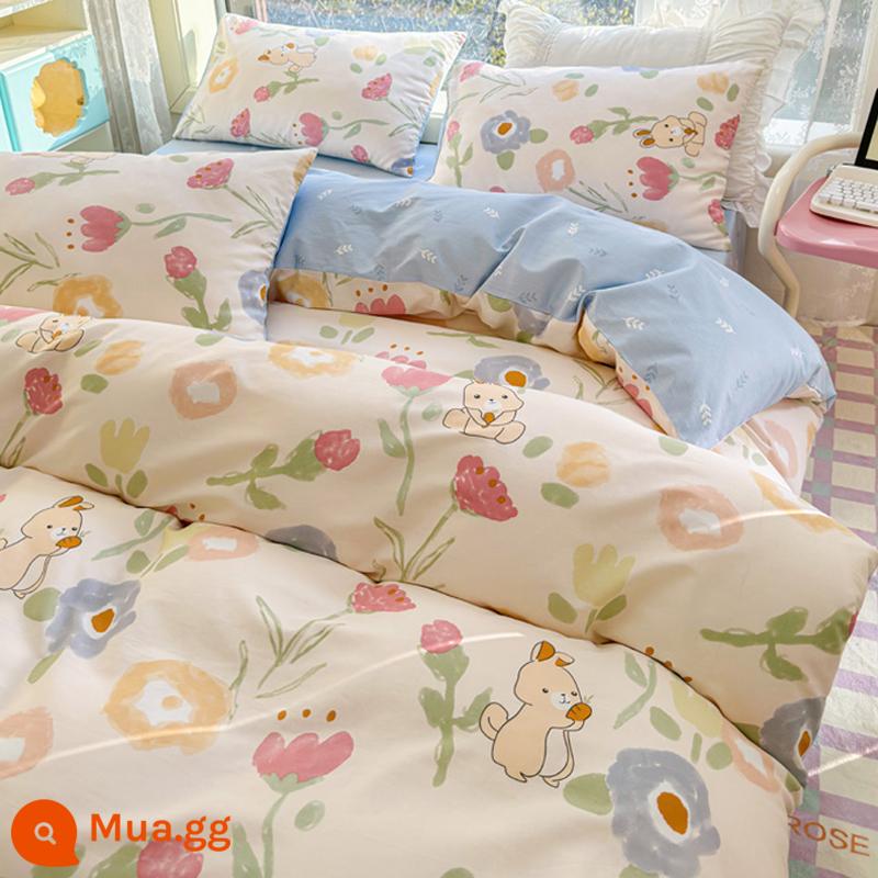 Bộ 4 món giường cotton nguyên chất theo phong cách Ins 100 cotton chăn ga gối trẻ em hoạt hình ký túc xá bộ 3 món chăn ga gối trang bị ga - Thỏ phong lan MX