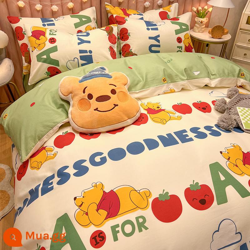 Bộ bốn mảnh giường cotton Disney 100 cotton Bộ đồ giường trẻ em ký túc xá Bộ ba mảnh chăn ga gối nam được trang bị tấm 4 - J Happy Pooh