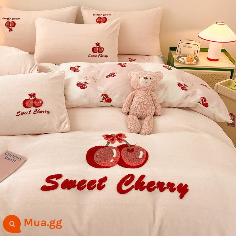 Mùa Đông 2 Mặt Dày Sữa Nhung Giường 4 Giường Plus Da Lộn Chăn Ga Gối San Hô Dép Nỉ - Mei Ink Cherry [Nhung sữa cao cấp hạng A, mềm hơn và ấm hơn]