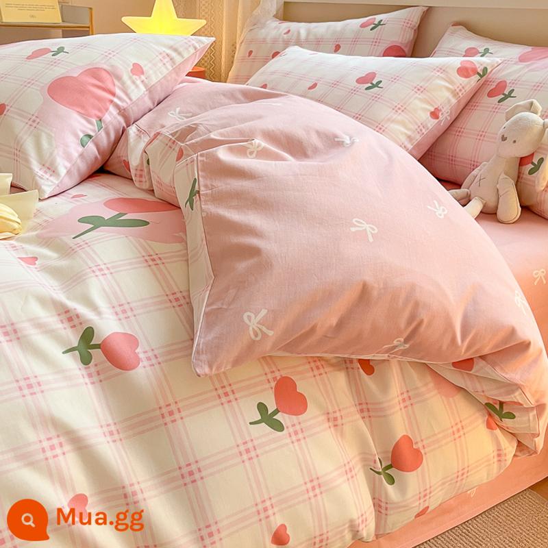 Giường cotton nguyên chất Bộ 4 món 100 cotton ký túc xá Bộ giường 3 mảnh ga trải giường mục vụ hoa vỏ chăn 4 bộ đồ giường phong cách công chúa - FJ Chút May Mắn