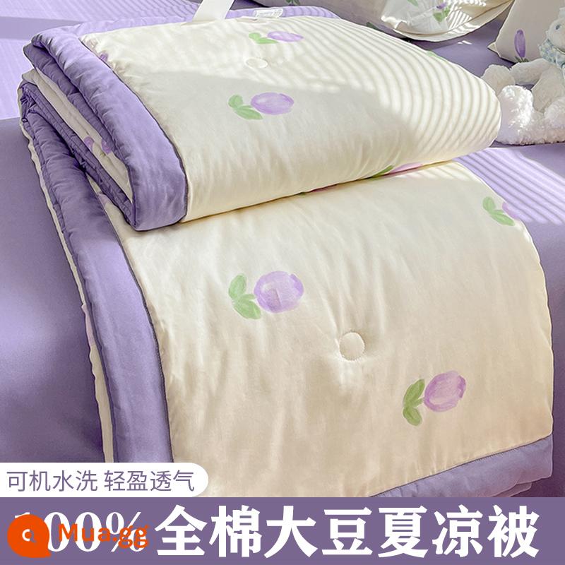 Mùa hè cotton nguyên chất có thể giặt bằng máy mùa hè thoáng mát chăn 4 mảnh duy nhất ký túc xá sinh viên giường mỏng điều hòa đậu tương chăn - YJY hoa tulip tím