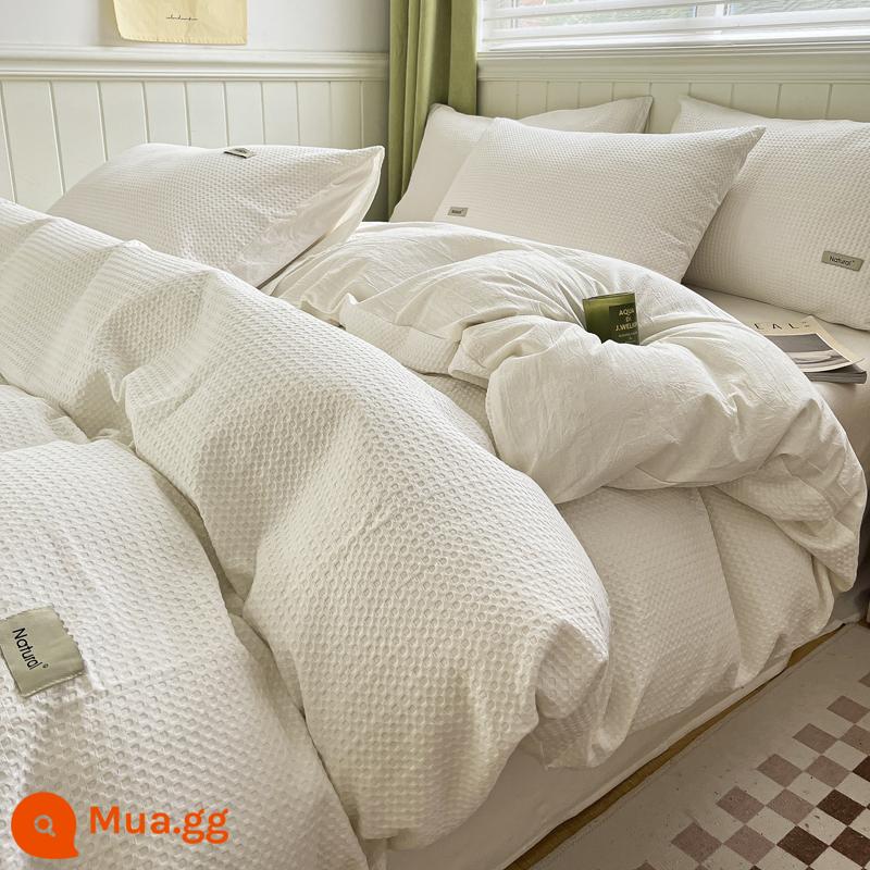 Sang trọng nhẹ Fuge giường cotton nguyên chất Bộ 4 món 100 cotton giặt sạch giường cotton ký túc xá 3 mảnh Bộ chăn ga 4 - Q Waffle - Trắng nguyên bản