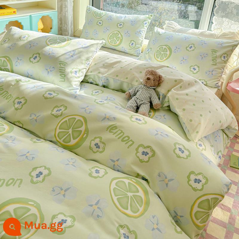 Bộ 4 món giường cotton nguyên chất theo phong cách Ins 100 cotton chăn ga gối trẻ em hoạt hình ký túc xá bộ 3 món chăn ga gối trang bị ga - MX chanh xanh