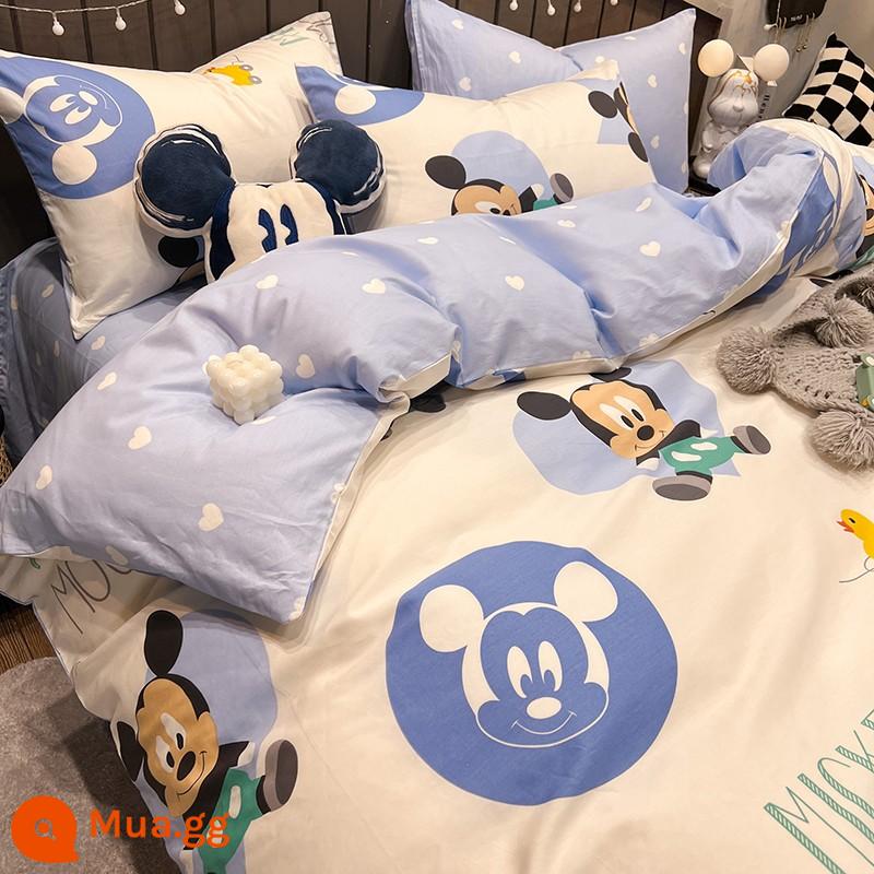 Bộ bốn mảnh giường cotton Disney 100 cotton Bộ đồ giường trẻ em ký túc xá Bộ ba mảnh chăn ga gối nam được trang bị tấm 4 - bé Mickey