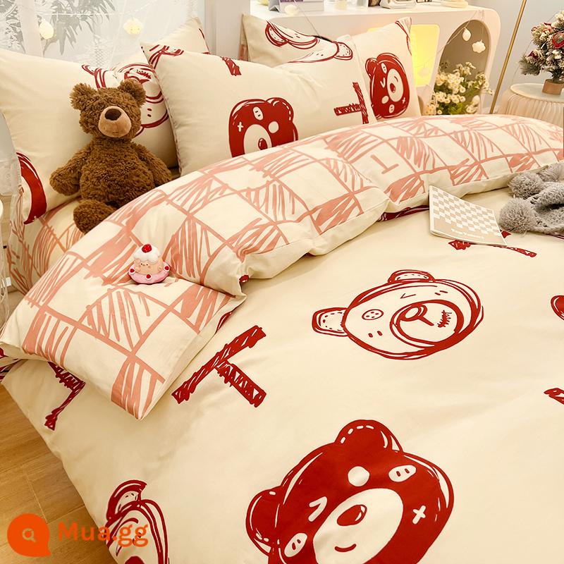 Công Chúa Disney Giường Cotton Nguyên Chất Bộ 4 Bộ 100 Cotton Chăn Ga Gối Trẻ Em Ký Túc Xá 3 Mảnh Ga Giường Nữ Vỏ Chăn 4 - Gấu kẻ sọc MX