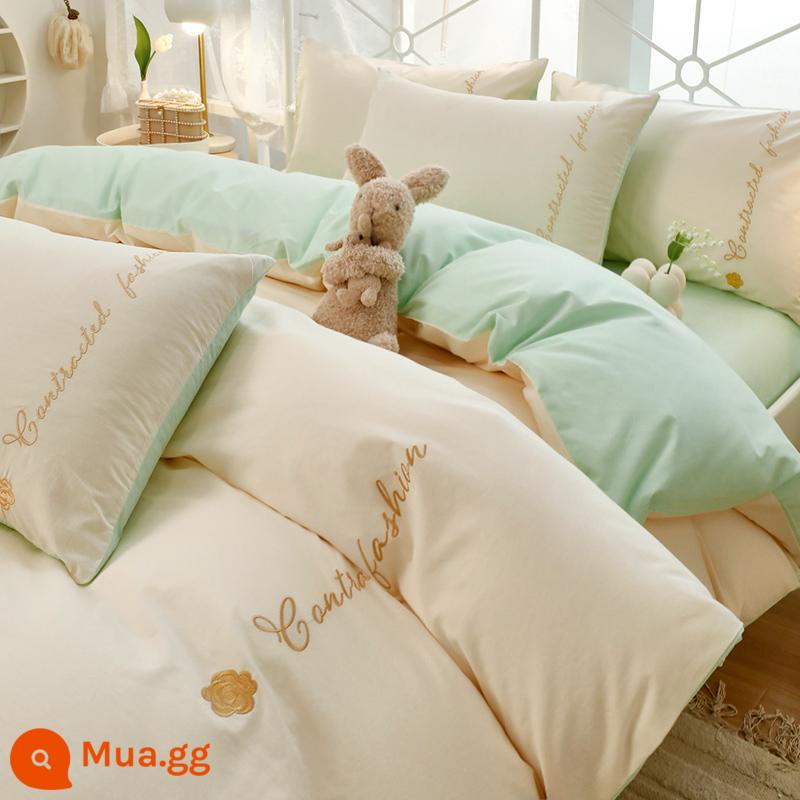 Đơn giản giặt sạch cotton giường cotton nguyên chất bộ 4 món tất cả cotton 100 màu chăn ga gối đệm giường ký túc xá 3 món bộ 4 - JCamellia-Azure