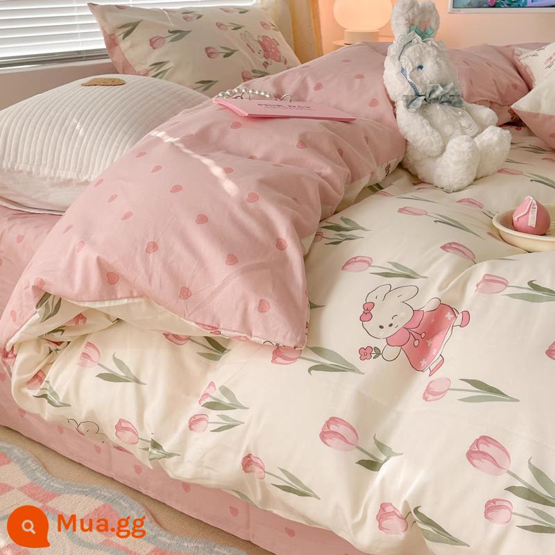 Giường cotton nguyên chất Bộ 4 món 100 cotton ký túc xá Bộ giường 3 mảnh ga trải giường mục vụ hoa vỏ chăn 4 bộ đồ giường phong cách công chúa - Thỏ Vườn Xuân XK