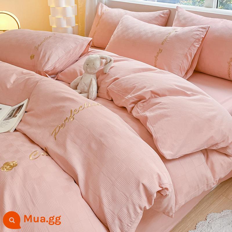 Ánh sáng sang trọng cao cấp chất lượng cao waffle giường cotton 4 món 100 cotton chăn ga gối ký túc xá 3 mảnh Bộ chăn ga 4 - MC Camellia-Đậu Dán