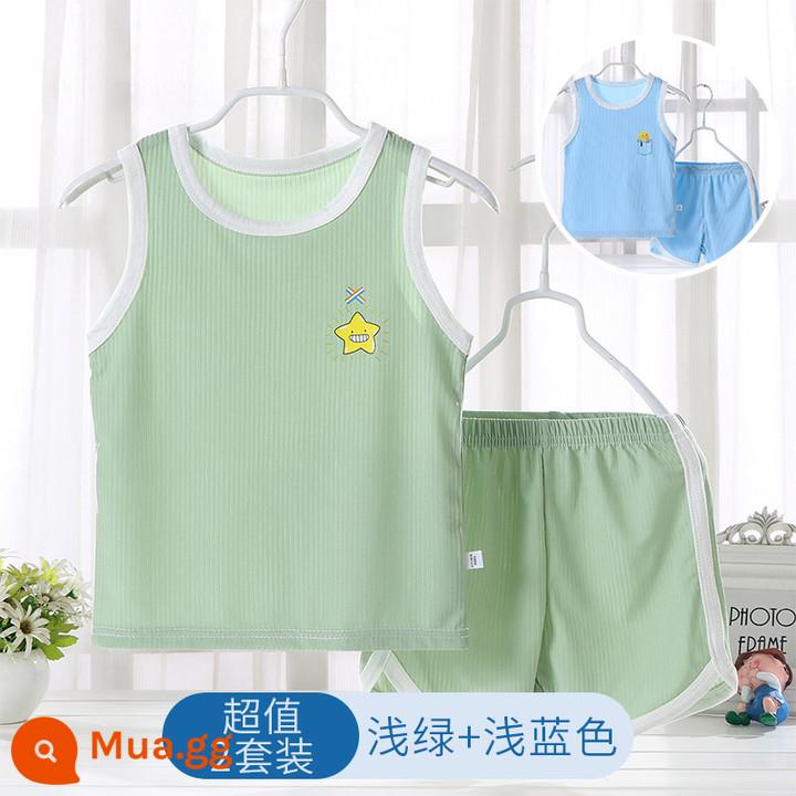 Áo vest trẻ em phù hợp với phần mỏng phương thức nhà bé trai và bé gái không tay điều hòa không khí quần áo bé băng lụa đồ ngủ mùa hè - xanh nhạt + xanh nhạt