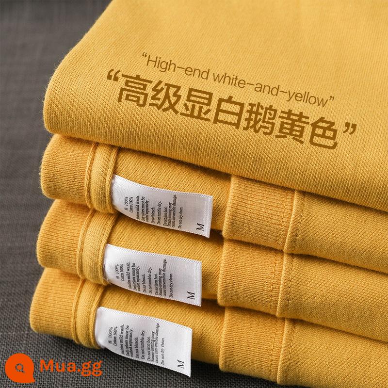 300g cotton nguyên chất nặng mùa hè đường viền cổ nhỏ Áo thun ngắn tay kiểu Mỹ dành cho nam và nữ màu trơn dày đục rộng kích thước lớn hợp thời trang - Màu vàng ngỗng [nặng 300g]