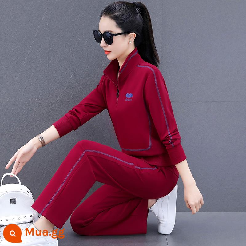 Bộ đồ thể thao nữ mùa xuân và mùa thu thời trang phong cách nước ngoài áo len cotton thương hiệu cỡ lớn rộng rãi quần ống rộng bộ đồ hai mảnh giảm tuổi - 666 lớn màu đỏ