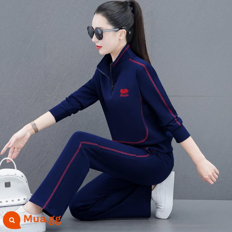 Bộ đồ thể thao nữ mùa xuân và mùa thu thời trang phong cách nước ngoài áo len cotton thương hiệu cỡ lớn rộng rãi quần ống rộng bộ đồ hai mảnh giảm tuổi - 666 màu xanh sapphire đậm