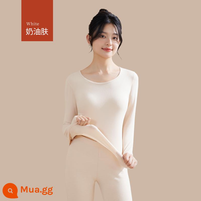 Quần áo sưởi ấm cho nữ, quần áo mùa thu, bộ quần vệ sinh, cotton nguyên chất, kiểu dáng mới, nhung, áo lót dày, áo len cotton, mùa thu đông - [Bộ màu trơn] Da kem (cotton hữu cơ ấm hơn)