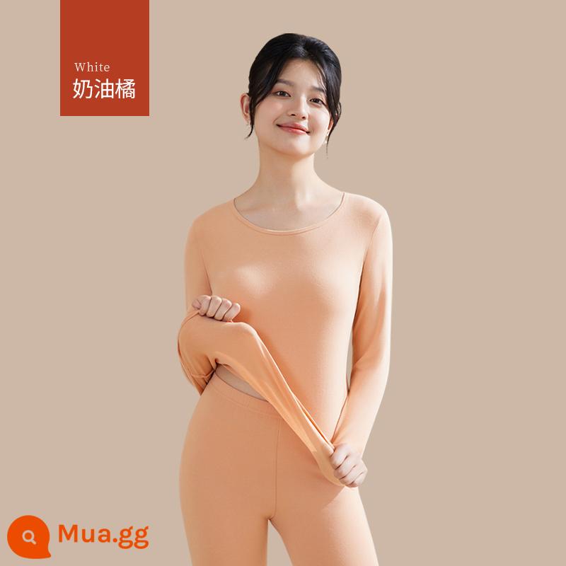 Quần áo sưởi ấm cho nữ, quần áo mùa thu, bộ quần vệ sinh, cotton nguyên chất, kiểu dáng mới, nhung, áo lót dày, áo len cotton, mùa thu đông - [Bộ đồ trơn màu] Cam kem (cotton hữu cơ, ấm hơn)