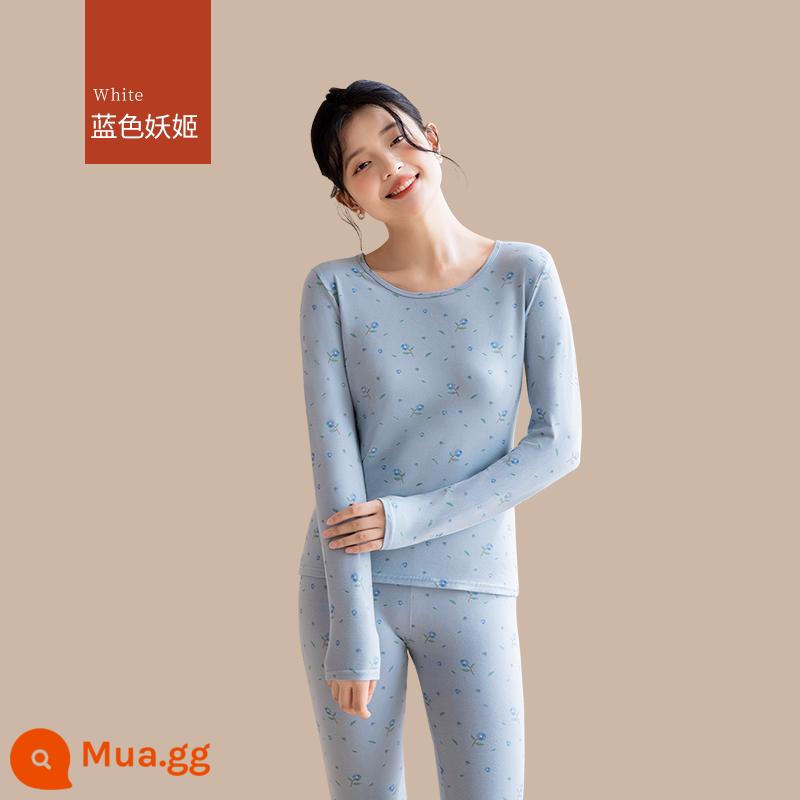 Quần áo sưởi ấm cho nữ, quần áo mùa thu, bộ quần vệ sinh, cotton nguyên chất, kiểu dáng mới, nhung, áo lót dày, áo len cotton, mùa thu đông - [Bộ đồ in họa tiết] Blue Enchantress (cotton hữu cơ, ấm hơn)