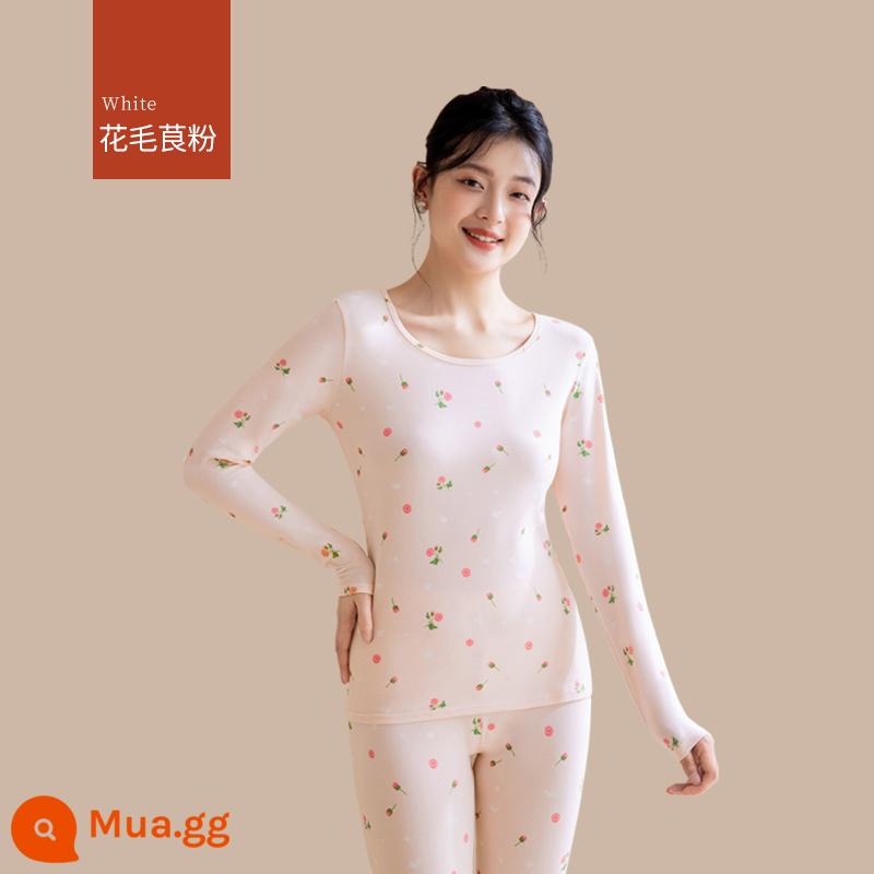 Quần áo sưởi ấm cho nữ, quần áo mùa thu, bộ quần vệ sinh, cotton nguyên chất, kiểu dáng mới, nhung, áo lót dày, áo len cotton, mùa thu đông - [Bộ in] Bột Buttercup (Bông hữu cơ, ấm hơn)