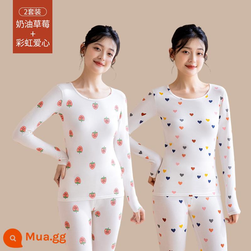 Quần áo sưởi ấm cho nữ, quần áo mùa thu, bộ quần vệ sinh, cotton nguyên chất, kiểu dáng mới, nhung, áo lót dày, áo len cotton, mùa thu đông - [Bộ 2 kiểu in] Kem dâu + Trái tim cầu vồng (Bông hữu cơ nguyên chất ấm hơn)