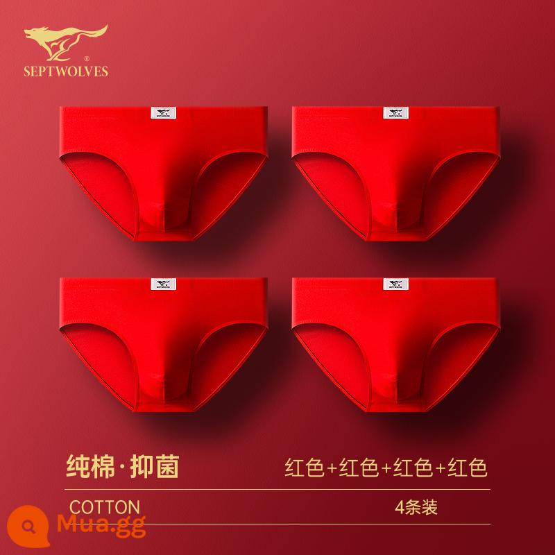 Seven Wolf Men Đồ lót tinh khiết Binjun Boys Big Red Flat -angle Tridruple Short Quần đầu là Quà tặng đám cưới Thỏ - [Bông nguyên chất kháng khuẩn·Tam giác may mắn] Đỏ to*4