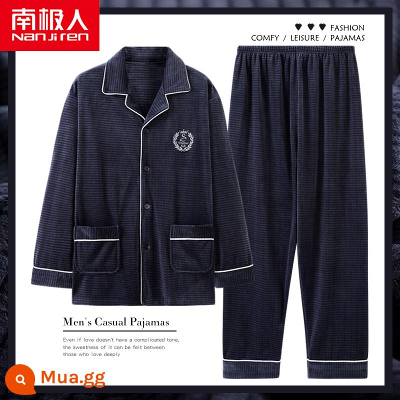 Bộ đồ ngủ nam Nanjiren của mùa xuân và mùa thu mỏng phần lông cừu san hô flannel quần áo mặc nhà mùa thu và mùa đông đảo lông cừu dày cộng với lông cừu - Nam SD H911024 xanh sương mù