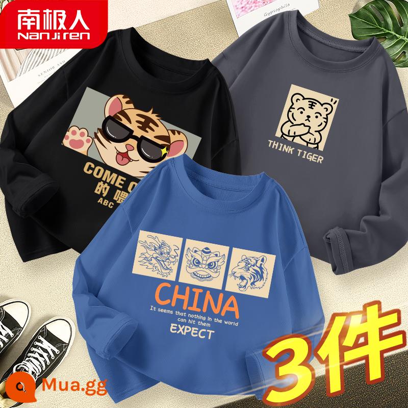 Áo thun dài tay bé trai 2023 áo mới quần áo cotton trẻ em áo sơ mi đáy mùa xuân và mùa thu cho quần áo mùa xuân - [Ba mảnh áo dài tay bằng cotton nguyên chất] Quái vật thần thoại Trung Quốc màu xanh denim + Hổ suy nghĩ màu xám than chì + Khung tranh màu đen Tiểu hổ