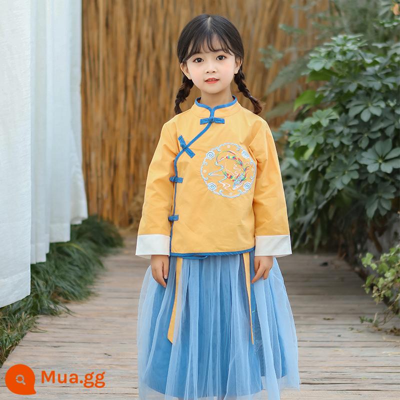 Trang phục biểu diễn của trẻ em rồng và phượng Trung Quốc Hanfu bé trai và bé gái mùa xuân và mùa thu Tang phù hợp với trang phục anh chị em Bộ đồ biểu diễn phong cách Trung Quốc - cô gái tóc vàng hoe