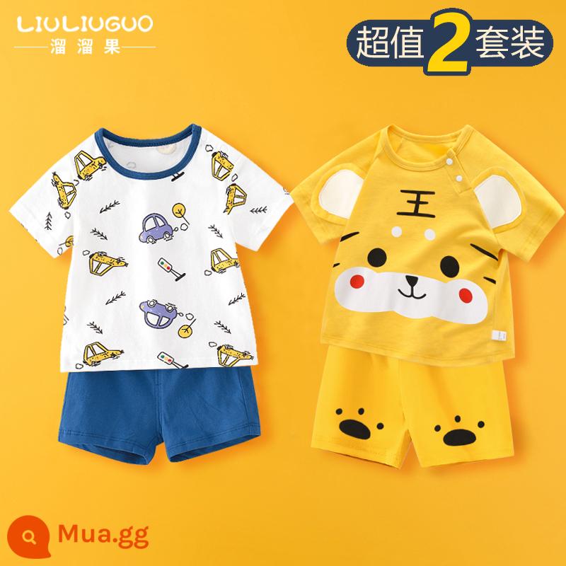 Bộ quần áo ngắn tay 2 món trẻ em cotton bé trai mùa hè quần short mùa hè bé gái Bộ đồ ngủ mùa hè cho bé quần áo mặc ở nhà cho bé - Bộ đồ ngắn tay (ô tô + chú hổ dễ thương)