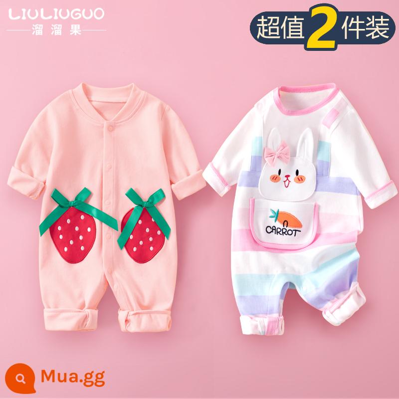 2 bộ quần áo sơ sinh cho bé 0-18 tháng, áo liền quần cotton nguyên chất mùa thu đông, quần áo hậu cung dài tay mùa xuân thu, quần áo mùa thu - Tay áo dài (dâu ngọt ngào + thỏ sọc hồng) phong cách bốn mùa